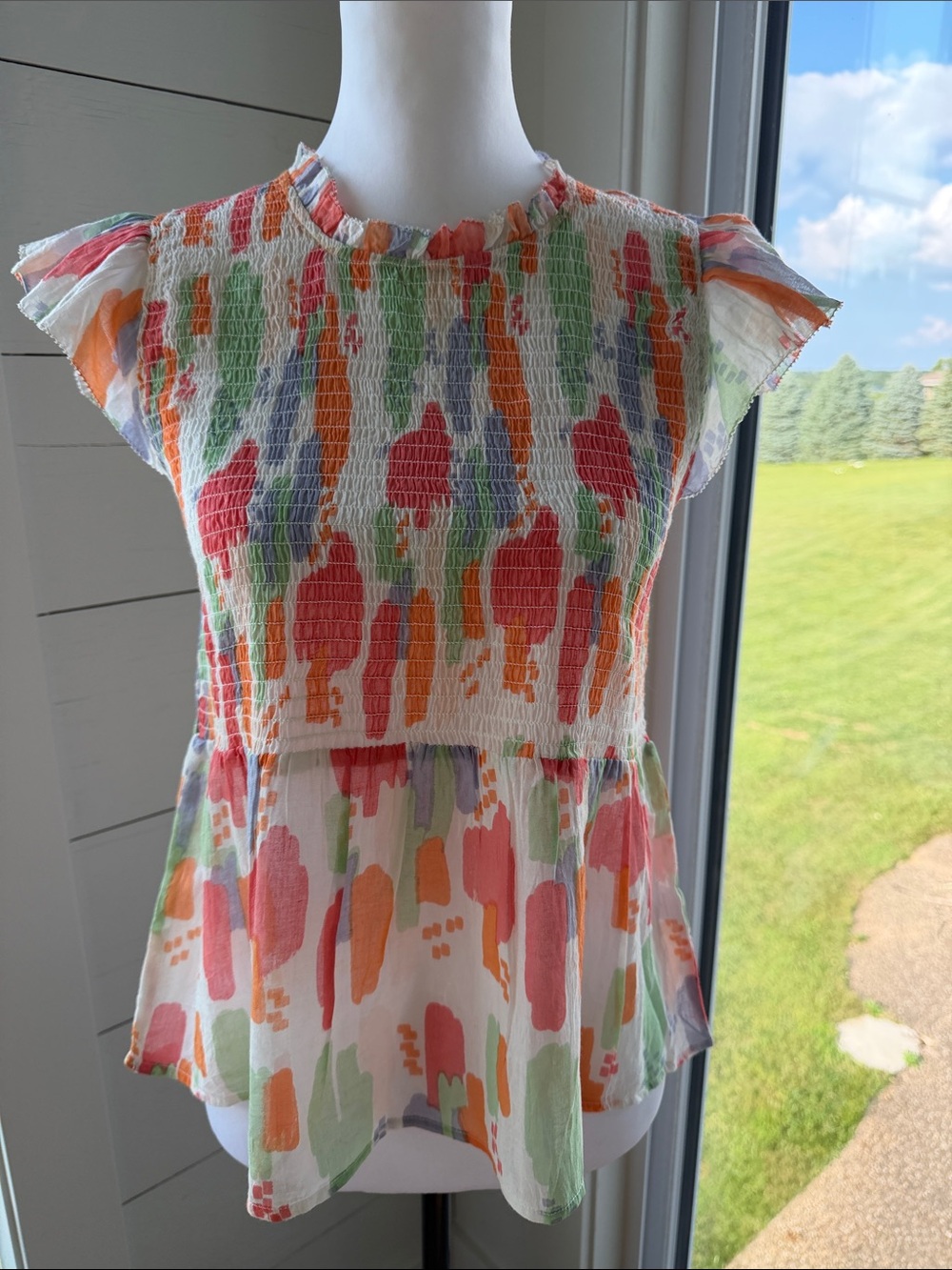 THML Multicolor Smocked Flutter-Sleeve Peplum Top